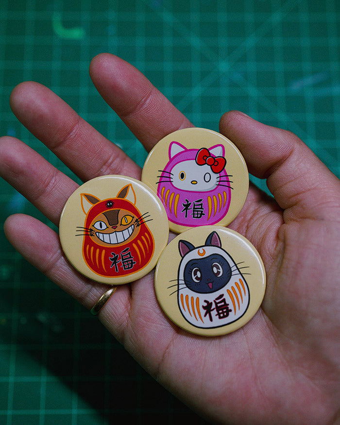 Daruma Lucky Cats Pin Back Button Set