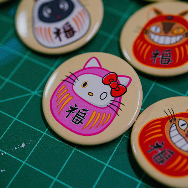 Daruma Lucky Cats Pin Back Button Set