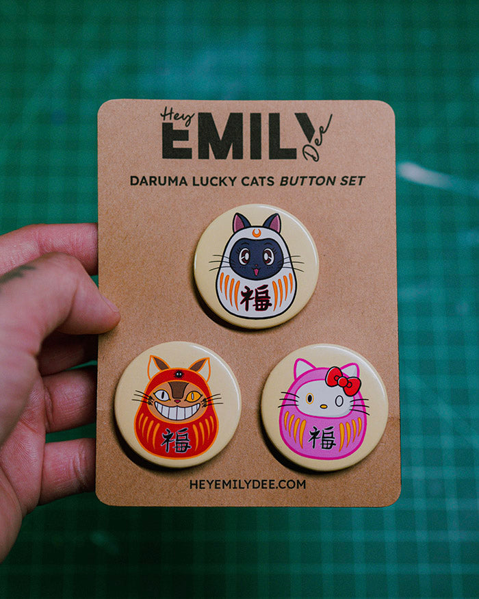 Daruma Lucky Cats Pin Back Button Set